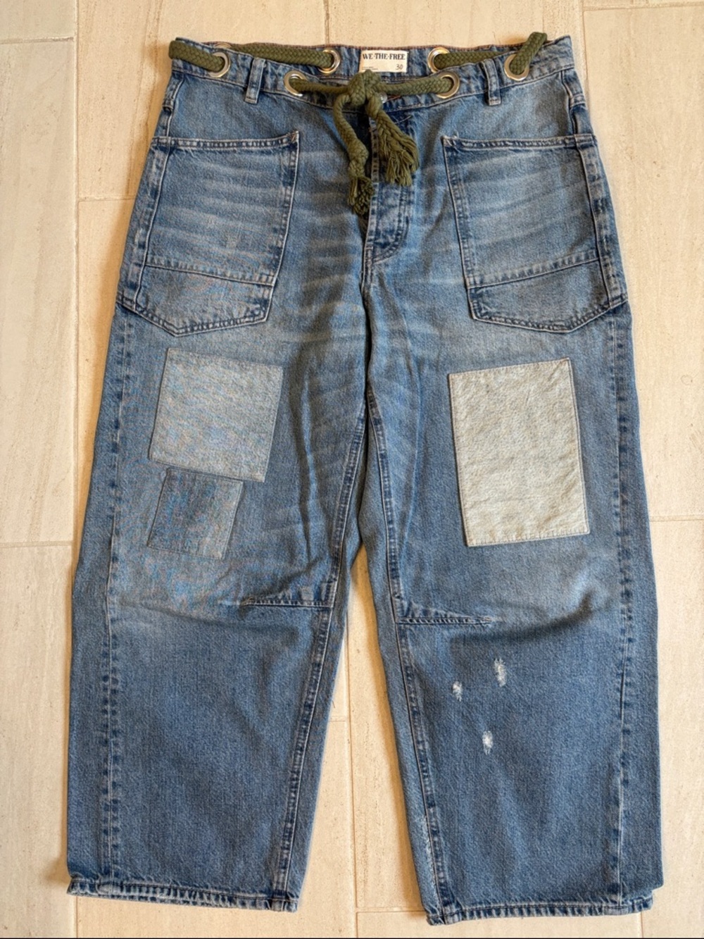We The Free Blue Patchwork Denim Jeans with Olive Belt